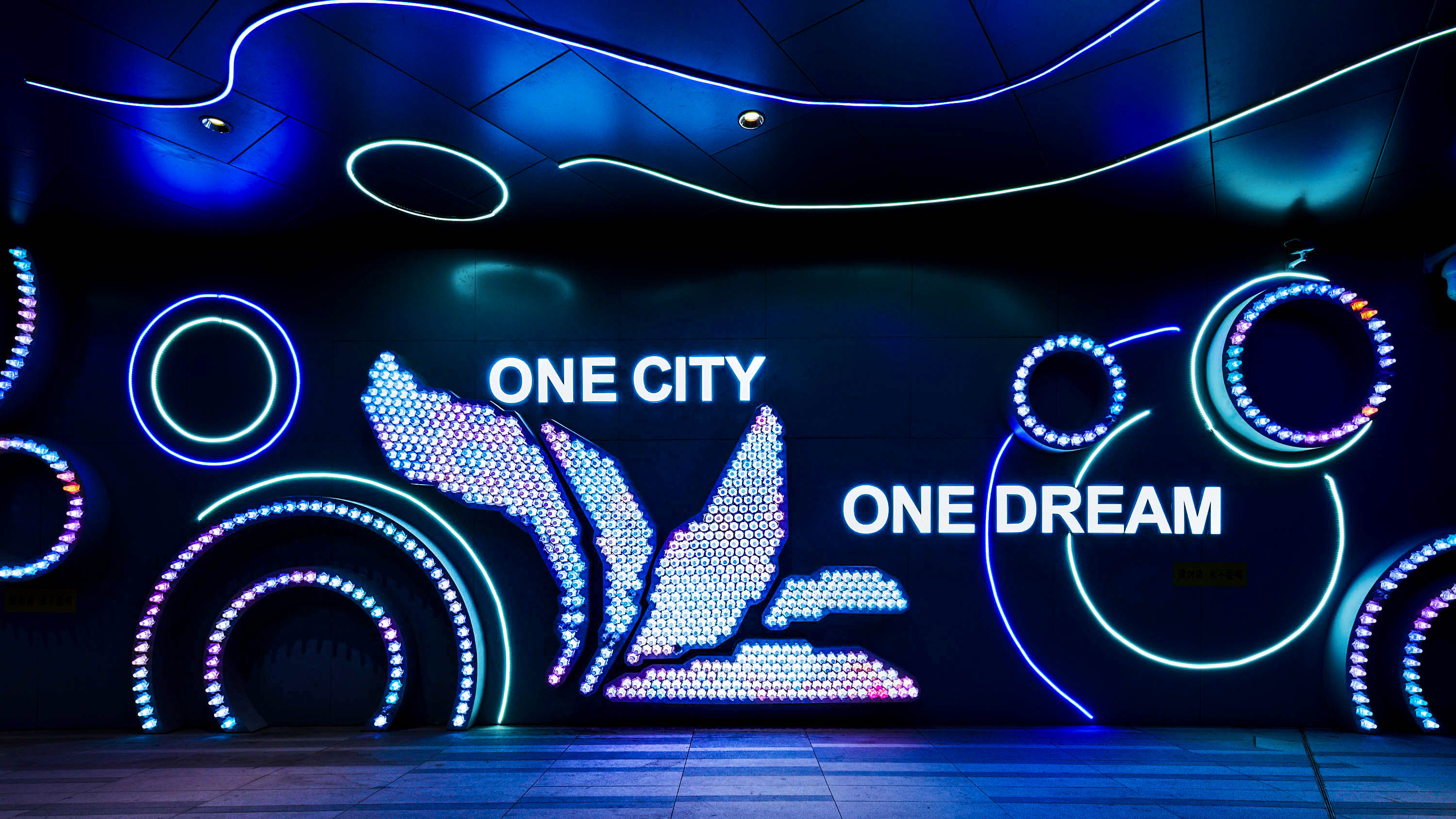 夜空彩虹新媒体艺术灯光装置——「ONE CITY ONE DREAM 」，材质：Feng巢